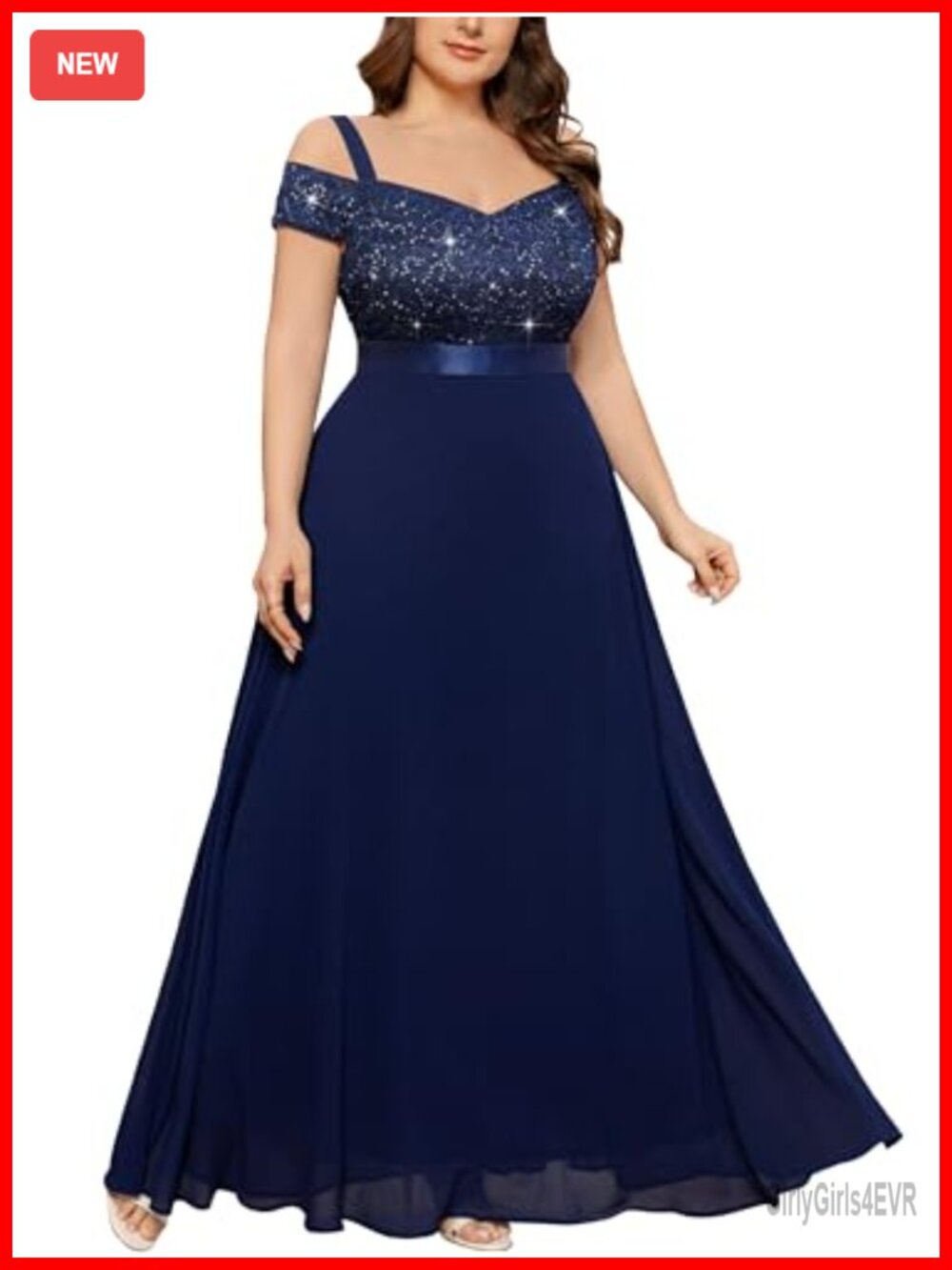 Plus Size Sequin Floral Lace Cold Shoulder Prom Dress A-Line Maxi Formal